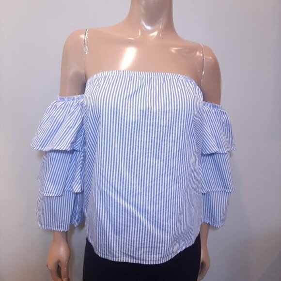DIZZY LIZZY Strapless Striped Blouse Off Shoulder Ruffled Tiered Sleeve Top - Picture 8 of 8
